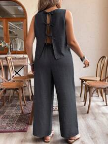 SHEIN LUNE Pure Plus Size Plain Color Back Tie Camisole And Pants 2 Pieces Set - Dark Grey - View 2