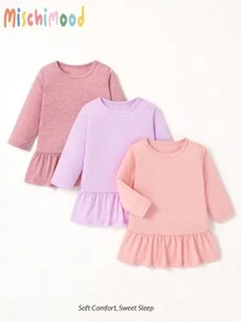 3pcs Baby Girls Solid Color Crew Neck Long Sleeve Ruffle Hem Dress Set, Pink/Purple/Rose - Multicolor - View 1
