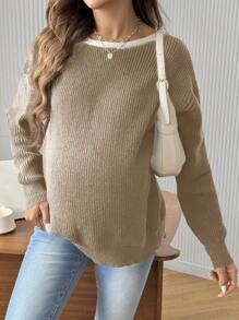 SHEIN Pregnant Women Plain Color Patchwork Long Sleeve Casual Sweater With Bowknot Decor