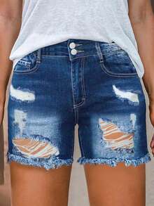 Casual Washed Distressed Frayed Hem Denim Shorts - Dark Wash - View 6