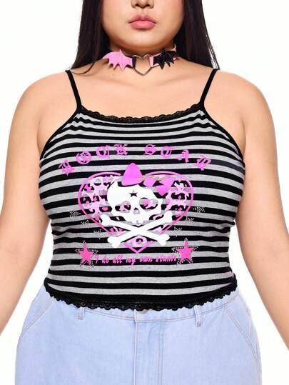 Kawaii Canotta/Canottiera con strisce, decorata con teschio e stelle in strass, stile Y2K, taglie comode