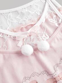 ROMWE Kawaii 女士可爱二合一蕾丝拼布毛绒蝴蝶结和熊图案印花吊带背心 - 粉色 - 查看 4