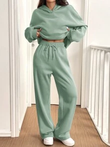 SHEIN EZwear 薄荷绿色 2 件套女士休闲保暖连帽衫和运动裤，秋冬 - 薄荷綠 - 查看 3