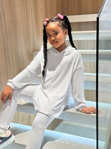 SHEIN 2 件套 Tween 女童休闲针织人造毛不对称下摆宽松连帽运动衫和裤子套装 - 霧霾藍 - 查看 5