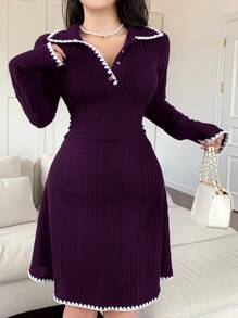 Mulvari Women Contrast Trim Front Button Casual Short Dress, Long Sleeve, Simple Style - Purple - View 1