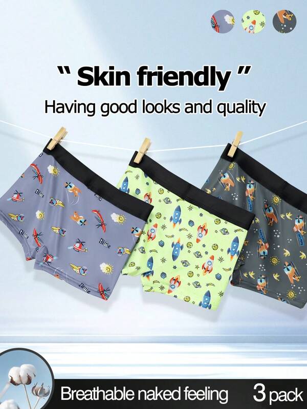 3-Pc Set Solid Color Patchwork Casual Boys Boxer Briefs