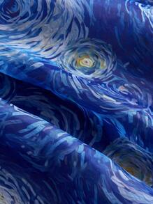 SHEIN MOD 加大码蓝色梵高星空画印花复古女式连衣裙太阳裙夏日装节日装蝴蝶结连衣裙，适合夏季