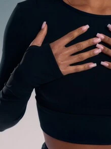 Musera Sport 长袖交叉后背拇指孔上衣 健身房健身 - 黑色 - 查看 5
