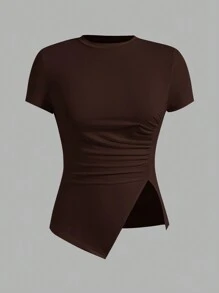 SHEIN Essnce 3pcs Round Neck Plain Color Frill Asymmetric Hem Short Sleeve T-Shirt - Multicolor - View 4