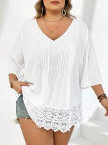 SHEIN CURVE+ 大码情人节提花蕾丝拼布衬衫