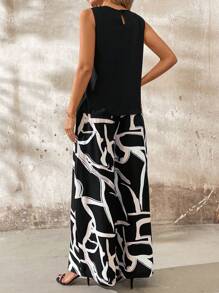 SHEIN Clasi Conjunto de top sin mangas de cuello redondo unicolor y pantalones de pierna ancha para mujeres
