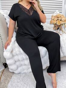 Sexy Lace Splicing Casual Women Loose Comfy V-Neck Home Pajamas Set - Black - View 3