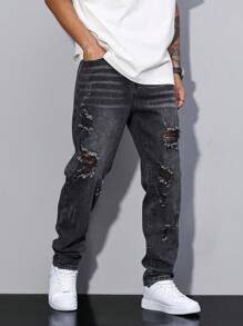 Manfinity Homme Men's Pocket Ripped Straight Leg Casual Versatile Denim Jeans - Dark Grey - View 6