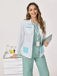 TaskEZ Front Button Long Sleeve Pocket Scrub Uniform Jacket, Solid Color Patchwork - Apricot - View 7