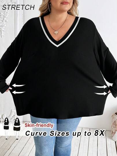 SHEIN CURVE+ 大码女式撞色罗纹边框 V 领针织长袖 T 恤