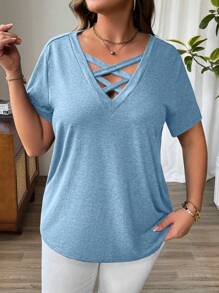 Breezaya Áo thun trơn đơn giản tay ngắn cỡ lớn cho nữ - Màu xanh bạc hà - Xem 5