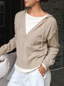 DAZY Áo khoác cardigan tay dài rộng rãi có mũ trùm đầu, dây rút dành cho nữ, quần áo mùa thu - Màu Khaki - Xem 7