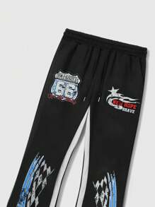 ROMWE MEN Street Life Men's Racing Print Patchwork Layered Flare Sweatpants