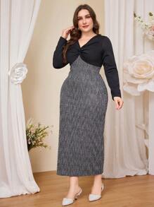 Modelyn Plus Size Mature Lady Style Patchwork Design Fitted Dress Maxi Women Outfit Long Evening Dresses - Black - View 3