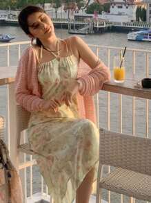 DAZY 女士印花无袖中长连衣裙，粉色假日花卉海滩度假风，春夏长款连衣裙 - 粉色 - 查看 4