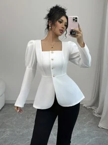 Elenzga 新款優雅短版上衣，修身剪裁，泡泡袖，白色，適合約會、度假、情人節秋季女裝 - 白色 - 查看 6