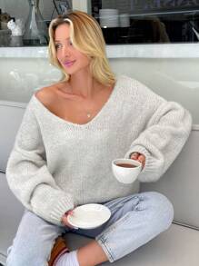 EURMUSE Women V Neck Knit Loose Fit Comfy Warm Sweater Soft Yarn - Beige - View 5
