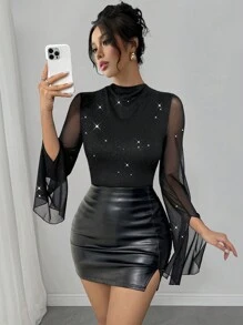 Chiquease Women's Elegant Holiday Party Regular-Shoulder Fitted Splice Slit Long Sleeve Sparkling Fabric Top, Autumn/Winter Fall Cloth For Women