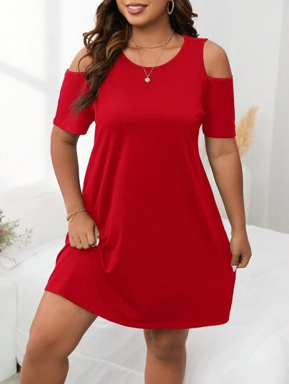 SHEIN LUNE Vestido corto casual y sencillo de manga corta con cuello redondo y hombros abiertos para talla grande