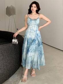 DAZY 女士简约印花吊带休闲迷你连衣裙，日常穿着吊带裙/长裙/度假装 - 藍色 - 查看 8