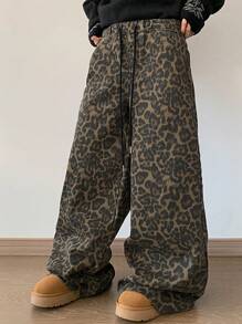 DAZY 女式豹纹弹力腰牛仔裤，休闲简约时尚，适合日常穿着，宽松牛仔裤，猎豹印花 - 棕色 - 查看 4