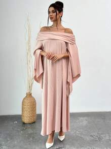 SHEIN Privé New Year Women's Elegant Minimalist Romantic Glamour Ballroom Party Date Asymmetric Drapey Rhinestone Embellished Extra Long Slit Sleeve Loose Blush Pink Off The Shoulder Dress - Dusty Pink - View 3