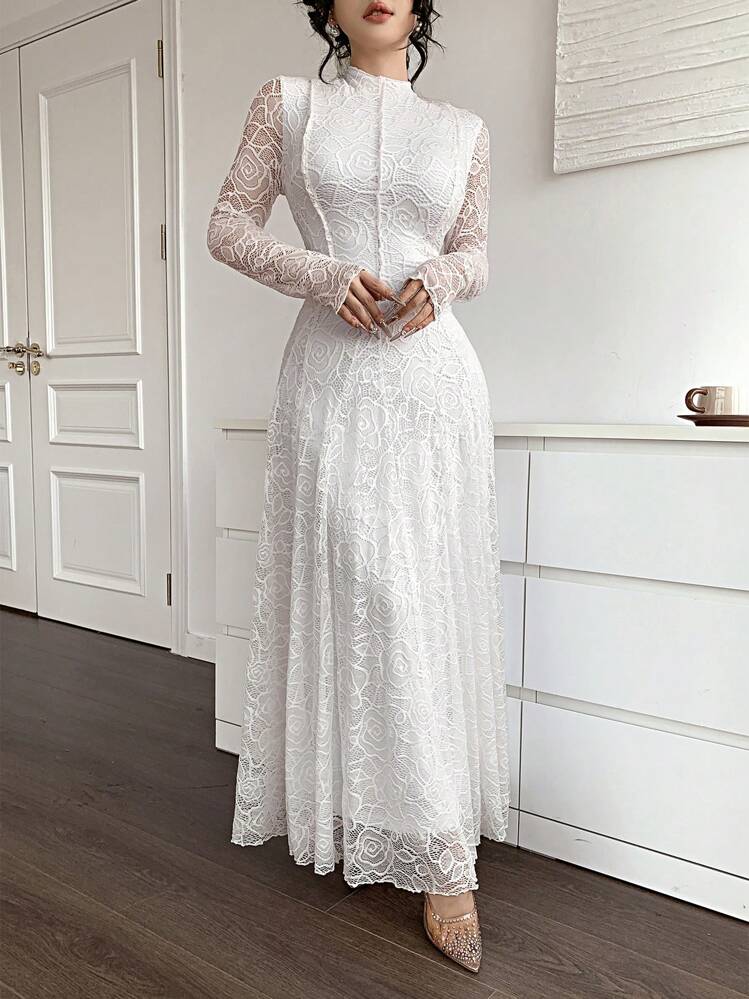 Feyla Vestido largo de encaje blanco elegante para mujer - Blanco - Añade 5