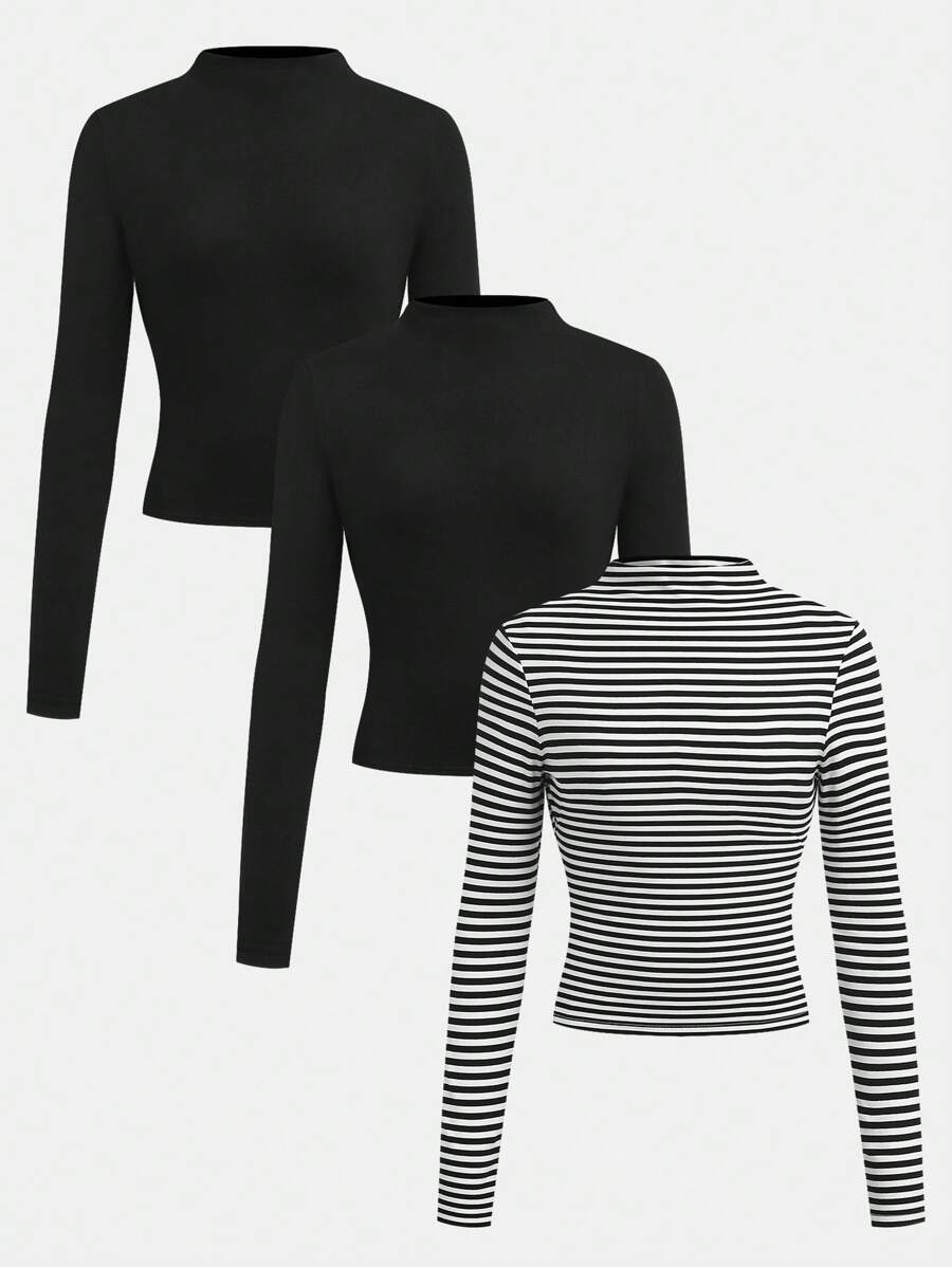 SHEIN Girlism 3pcs/Set Teen Girls Knitted Thermal Lined High Elastic Stand Collar Long Sleeve All-Match Tee Tops, Black & White, Autumn/Winter - Black - View 1