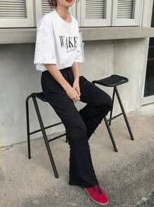 FRIFUL 女士白色宽松字母印花网眼拼布圆领短袖 T 恤，夏季