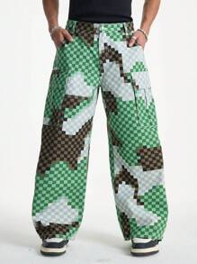 Chillumni Men's Camouflage Denim Patchwork Loose Cargo Pants, Street Fashion Wide Leg Trousers - Army Green - View 4