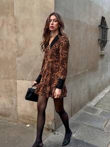 Pariaura Romantic Retro Premium Fashion Sexy Leopard Patchwork Lapel Long Sleeve Casual Flared Mini Dress For Women