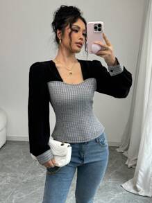 Chiquease Fashionabla lapptäcke för kvinnor, långärmad, elegant elegant blus - Svart - Visa 3