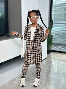 SHEIN Tween Girl NOVA Store 日常休闲针织格子印花长袖开衫上衣搭配紧身裤套装 - 卡其色 - 查看 5