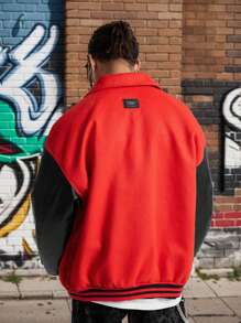 Manfinity VCAY Men's Letter Print Contrast Color Casual Versatile Long Sleeve Jacket, Vintage Party Warm Jacket Letter Rapper Color Block Dark Red Lightweight Jacket, For Friends, Husband, Boyfriend Gifts, For Fall Winter