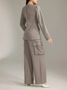 Heiryn 女士两件套：条纹圆领长袖上衣和裤子 - 卡其色 - 查看 6