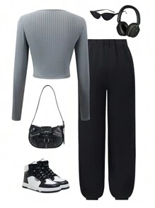 Teen Girl Gray Top And Black Long Straight Leg Pants Set - Black - View 2