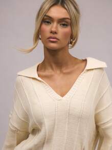 MUSERA 罗纹领针织长袖套头衫，适合晚宴和派对，优雅时尚 - 奶油色 - 查看 5