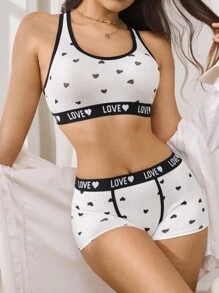 EasyFave 女士撞色边饰字母细节简约上衣和下装内衣套装 - 黑與白 - 查看 3