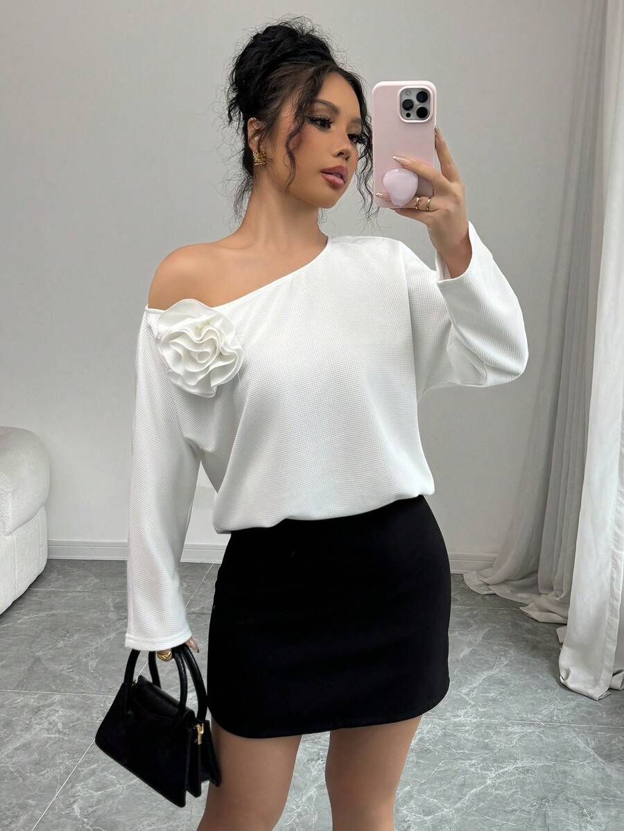 Elenzga بلوزة نسائية بأكمام طويلة فضفاضة وكتف مائل بطبعات زهرية ثلاثية الأبعاد، طراز الشارع، موديل خريفي