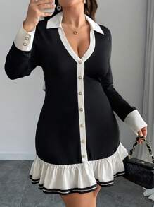 Calvaya Plus Size Women Pleated Bowknot Collared Dress, Minimalist Style For Commute - Black and White - View 6