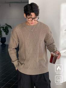 Manfinity CasualKnits Men's Solid Color Crew Neck Long Sleeve Hollow Casual Sweater - Apricot - View 4