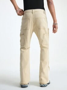 Manfinity EMRG Men's Khaki Denim Skinny Fit Patchwork Flared Pants - Khaki - View 2