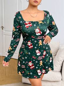 SHEIN EZwear Plus Size Christmas Print Square Neck Long Sleeve Dress - Green - View 4