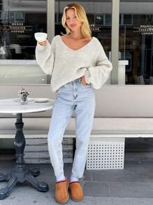 EURMUSE Women V Neck Knit Loose Fit Comfy Warm Sweater Soft Yarn - Beige - View 4