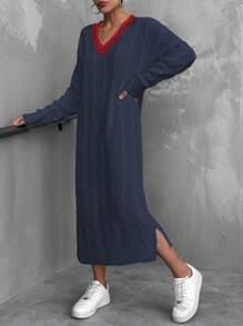 EURMUSE V-Neck Black Trim Contrast Design Cable Knit Pattern Dress For Women - Navy Blue - View 6